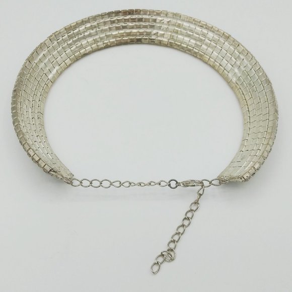 Five Row Thick Silver Tone Prong Set Rhinestone Choker Necklace 12” Plus - Picture 5 of 6